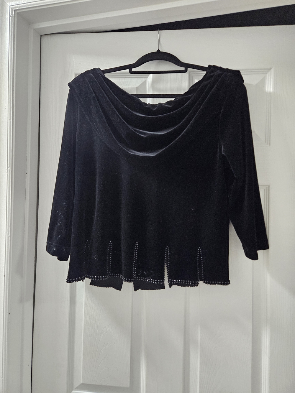 Vintage Black Velvet Draped Neck Sweater with Bead Hem Crop Top